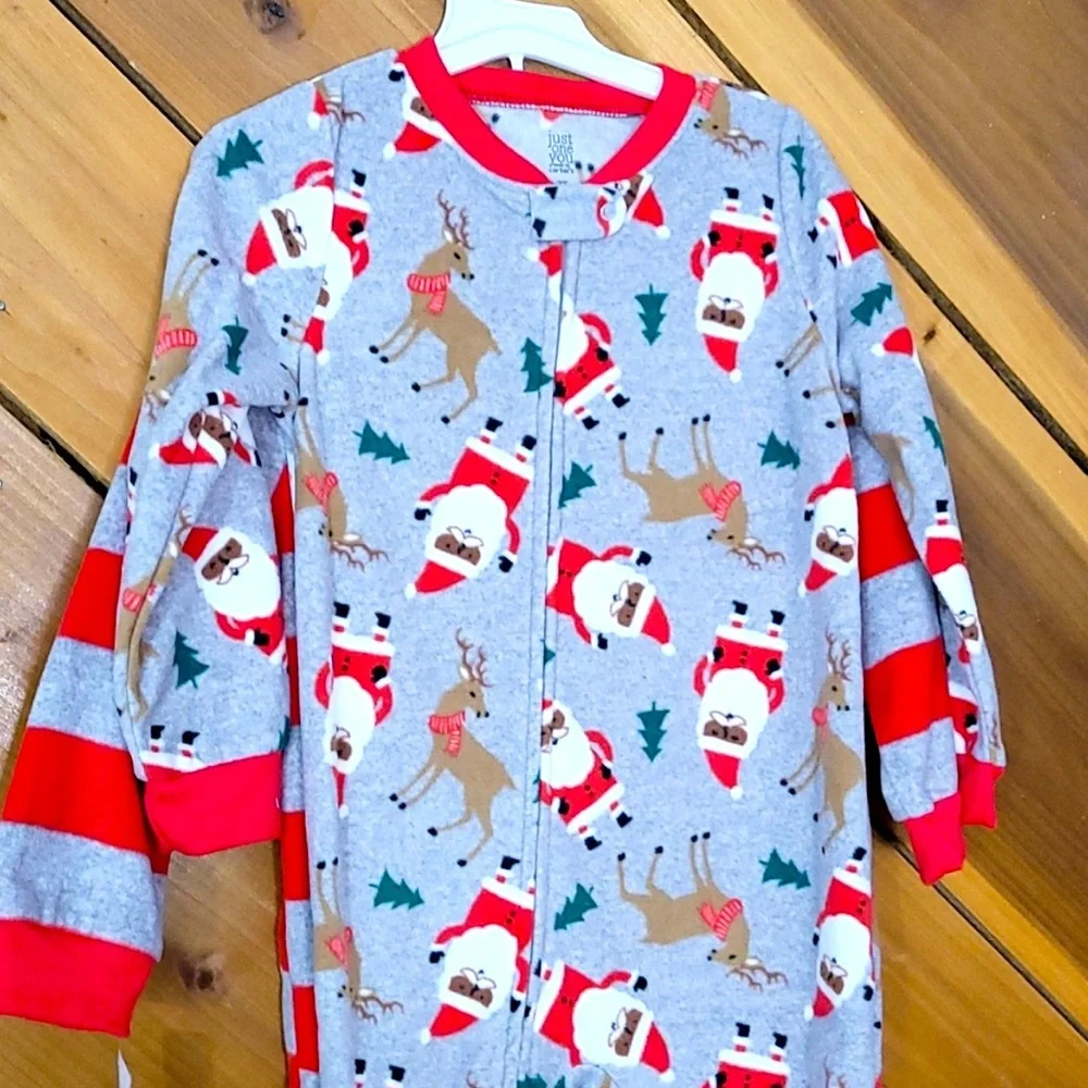 Carter's Set of 2 Holiday Stripes Reindeer & Black Santa Footed Pajamas New!